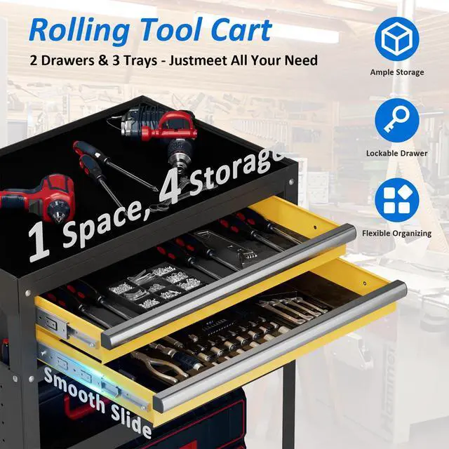 Alt view image 2 of 7 - 5-Tier Heavy Duty Tool Cart, 400 lbs Capacity Steel Rolling Cart with 2 Lockable Drawers and Pegboard for Garage Workshop Mechanic