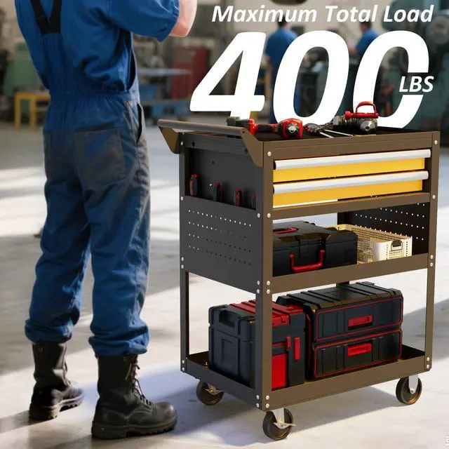 Alt view image 3 of 7 - 5-Tier Heavy Duty Tool Cart, 400 lbs Capacity Steel Rolling Cart with 2 Lockable Drawers and Pegboard for Garage Workshop Mechanic