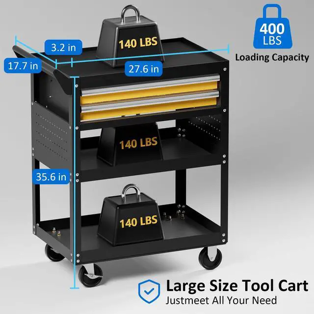 Alt view image 5 of 7 - 5-Tier Heavy Duty Tool Cart, 400 lbs Capacity Steel Rolling Cart with 2 Lockable Drawers and Pegboard for Garage Workshop Mechanic