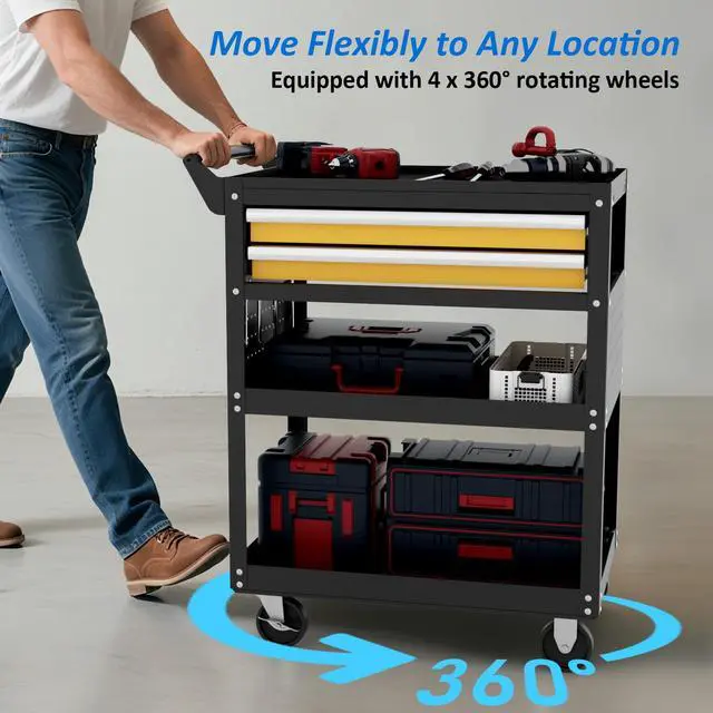 Alt view image 7 of 7 - 5-Tier Heavy Duty Tool Cart, 400 lbs Capacity Steel Rolling Cart with 2 Lockable Drawers and Pegboard for Garage Workshop Mechanic