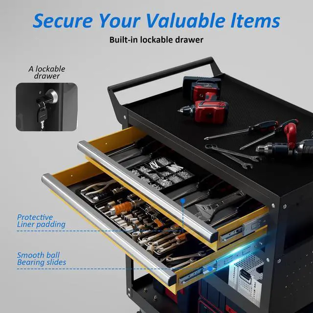 Alt view image 6 of 7 - 5-Tier Heavy Duty Tool Cart, 400 lbs Capacity Steel Rolling Cart with 2 Lockable Drawers and Pegboard for Garage Workshop Mechanic