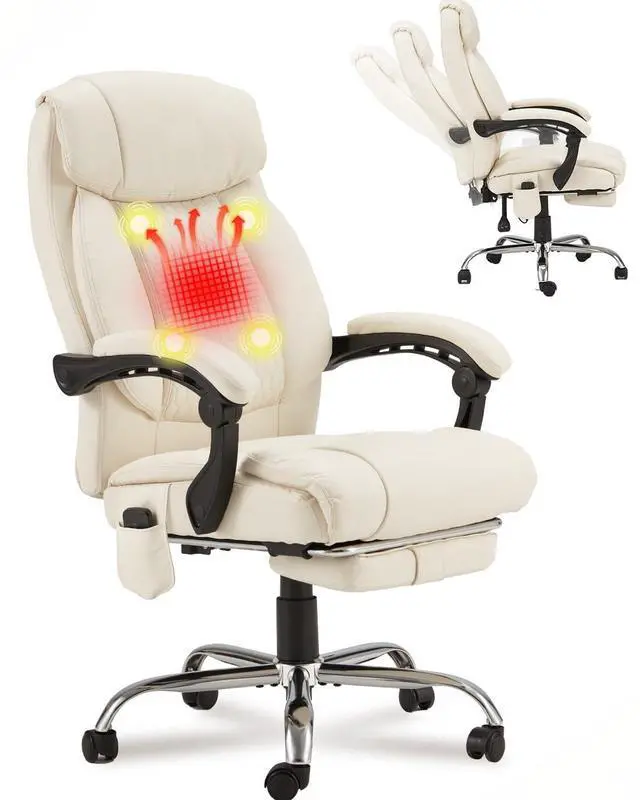 Main image of 4-Point Massage Office Chair with Heating and Footrest, Reclining Executive Leather Desk Chair, Ergonomic Heated Managerial Chair for Home Office, Beige