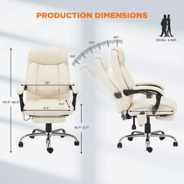 Alt view image 3 of 7 - 4-Point Massage Office Chair with Heating and Footrest, Reclining Executive Leather Desk Chair, Ergonomic Heated Managerial Chair for Home Office, Beige