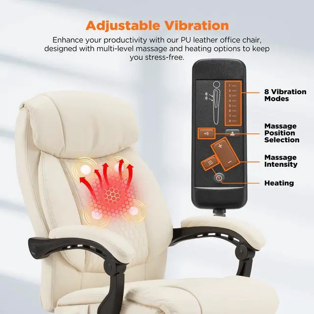 Alt view image 4 of 7 - 4-Point Massage Office Chair with Heating and Footrest, Reclining Executive Leather Desk Chair, Ergonomic Heated Managerial Chair for Home Office, Beige