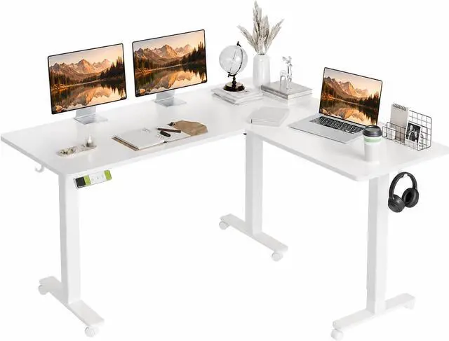 Main image of 63 x 55 Inch L-Shaped Standing Desk, Electric Height Adjustable Corner Desk with Dual Motors, Sit Stand Desk with Splice Board for Home Office, White