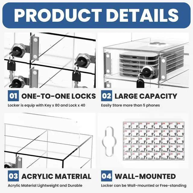 Alt view image 5 of 7 - Cell Phone Locker 100 Slots, Wall-Mounted Cell Phone Lock Box with Keys, Acrylic Cell Phone Storage Locker for Employees Office Classroom Gym, Clear Cell Phone Locker Cabinet for Storage (40 Slots)