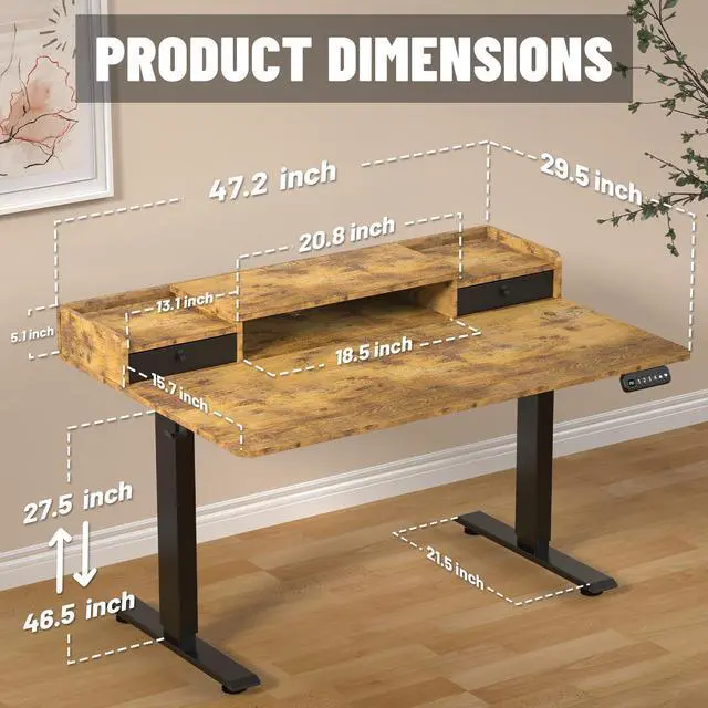 Alt view image 3 of 7 - 48 x 30 Inch Electric Standing Desk with 2 Drawers, Adjustable Height Widened Stand Up Desk with Storage, Sit to Stand Ergonomic Workstation for Home Office, Rustic Brown