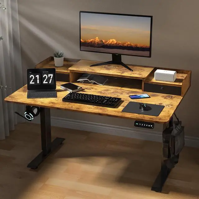 Alt view image 2 of 7 - 48 x 30 Inch Electric Standing Desk with 2 Drawers, Adjustable Height Widened Stand Up Desk with Storage, Sit to Stand Ergonomic Workstation for Home Office, Rustic Brown