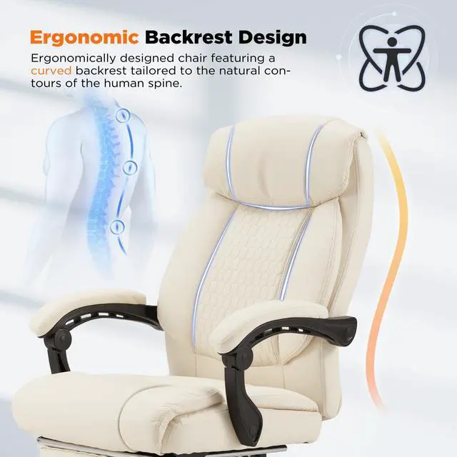 Alt view image 5 of 7 - 4-Point Massage Office Chair with Heating and Footrest, Reclining Executive Leather Desk Chair, Ergonomic Heated Managerial Chair for Home Office, Beige
