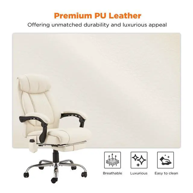 Alt view image 6 of 7 - 4-Point Massage Office Chair with Heating and Footrest, Reclining Executive Leather Desk Chair, Ergonomic Heated Managerial Chair for Home Office, Beige
