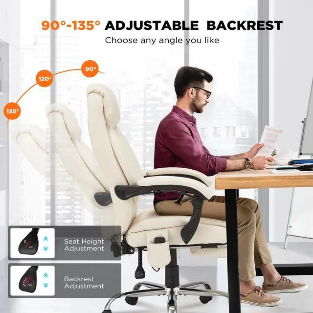 Alt view image 7 of 7 - 4-Point Massage Office Chair with Heating and Footrest, Reclining Executive Leather Desk Chair, Ergonomic Heated Managerial Chair for Home Office, Beige