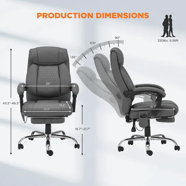 Alt view image 3 of 7 - 4-Point Massage Office Chair with Heating and Footrest, Reclining Executive Leather Desk Chair, Ergonomic Heated Managerial Chair for Home Office, Grey