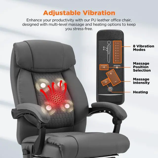 Alt view image 4 of 7 - 4-Point Massage Office Chair with Heating and Footrest, Reclining Executive Leather Desk Chair, Ergonomic Heated Managerial Chair for Home Office, Grey