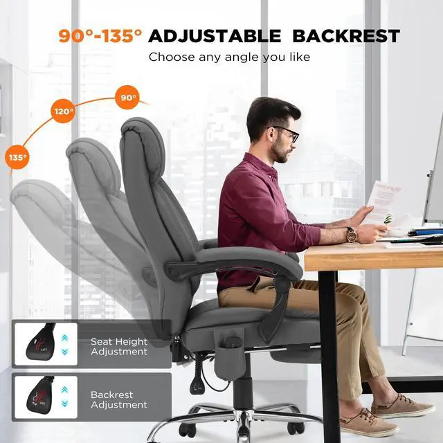 Alt view image 6 of 7 - 4-Point Massage Office Chair with Heating and Footrest, Reclining Executive Leather Desk Chair, Ergonomic Heated Managerial Chair for Home Office, Grey