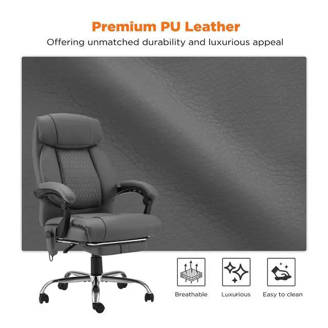 Alt view image 7 of 7 - 4-Point Massage Office Chair with Heating and Footrest, Reclining Executive Leather Desk Chair, Ergonomic Heated Managerial Chair for Home Office, Grey