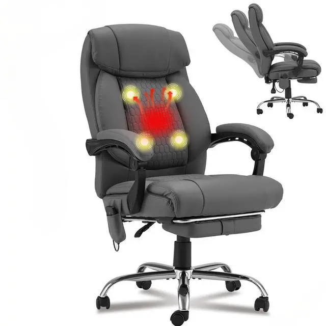Main image of 4-Point Massage Office Chair with Heating and Footrest, Reclining Executive Leather Desk Chair, Ergonomic Heated Managerial Chair for Home Office, Grey