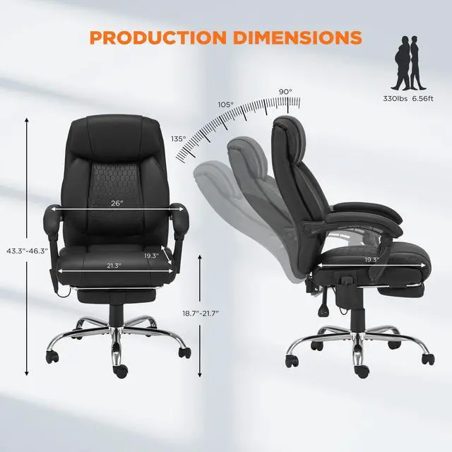 Alt view image 3 of 7 - 4-Point Massage Office Chair with Heating and Footrest, Reclining Executive Leather Desk Chair, Ergonomic Heated Managerial Chair for Home Office, Black
