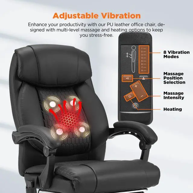 Alt view image 4 of 7 - 4-Point Massage Office Chair with Heating and Footrest, Reclining Executive Leather Desk Chair, Ergonomic Heated Managerial Chair for Home Office, Black