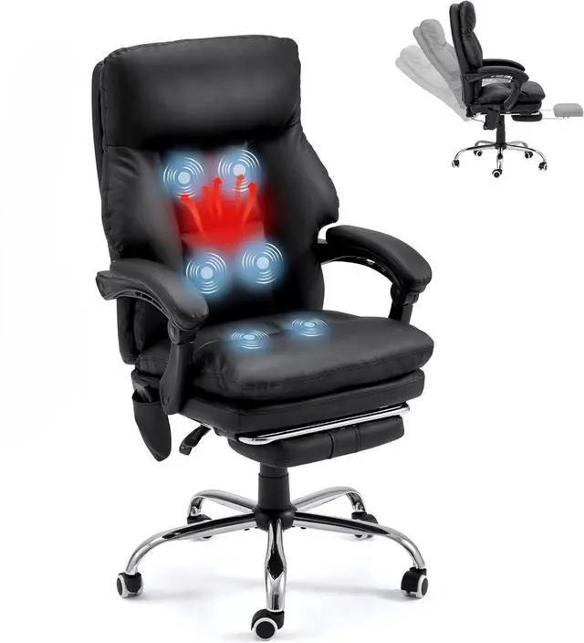 Main image of Ergonomic Office Chair with 6-Point Massage & Heating, Adjustable Executive Desk Chairs with Retractable Footrest, PU Leather Home Office Desk Chair for Home & Office (Black)