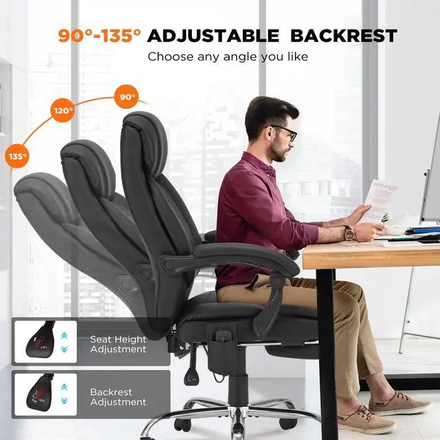 Alt view image 6 of 7 - 4-Point Massage Office Chair with Heating and Footrest, Reclining Executive Leather Desk Chair, Ergonomic Heated Managerial Chair for Home Office, Black