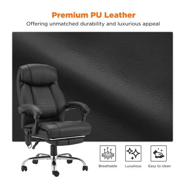 Alt view image 7 of 7 - 4-Point Massage Office Chair with Heating and Footrest, Reclining Executive Leather Desk Chair, Ergonomic Heated Managerial Chair for Home Office, Black