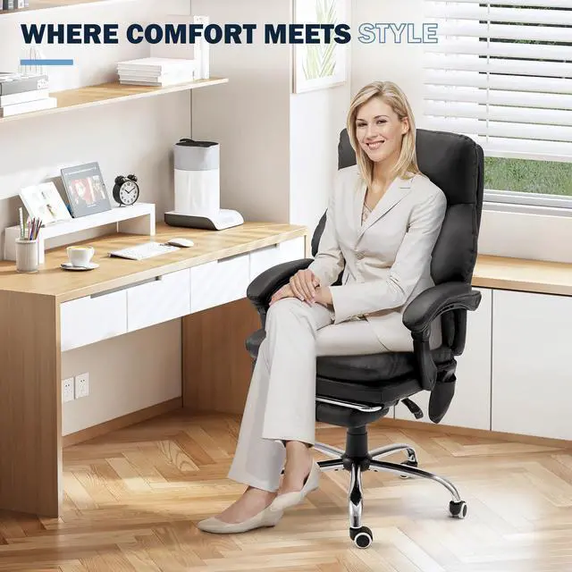 Alt view image 2 of 7 - Ergonomic Office Chair with 6-Point Massage & Heating, Adjustable Executive Desk Chairs with Retractable Footrest, PU Leather Home Office Desk Chair for Home & Office (Black)