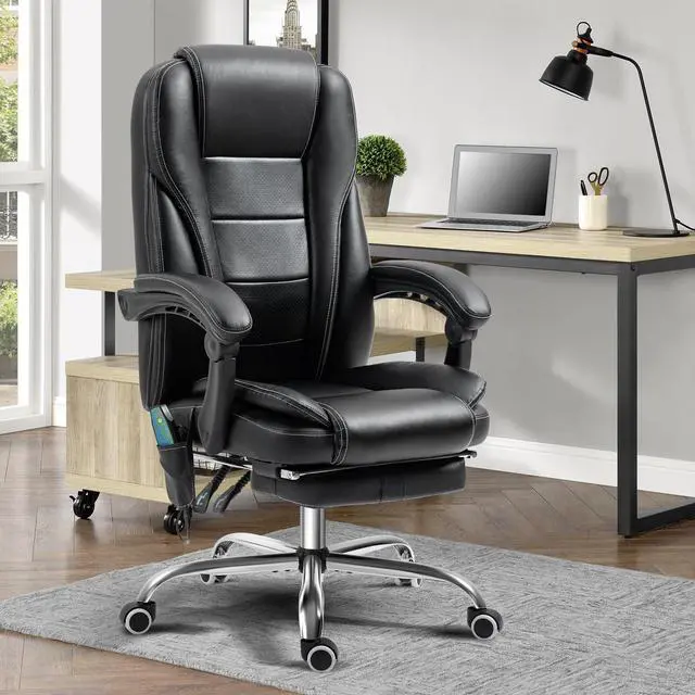 Alt view image 2 of 6 - Massage Office Chair with Foot Rest Vibration and Heating, 90-130° Reclining Desk Chair, Ergonomic Reclining Computer Gaming Leather Chair(Black)