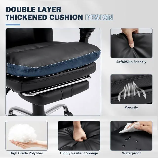 Alt view image 4 of 7 - Ergonomic Office Chair with 6-Point Massage & Heating, Adjustable Executive Desk Chairs with Retractable Footrest, PU Leather Home Office Desk Chair for Home & Office (Black)