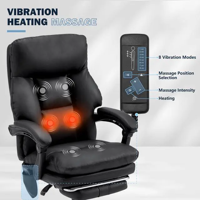 Alt view image 5 of 7 - Ergonomic Office Chair with 6-Point Massage & Heating, Adjustable Executive Desk Chairs with Retractable Footrest, PU Leather Home Office Desk Chair for Home & Office (Black)