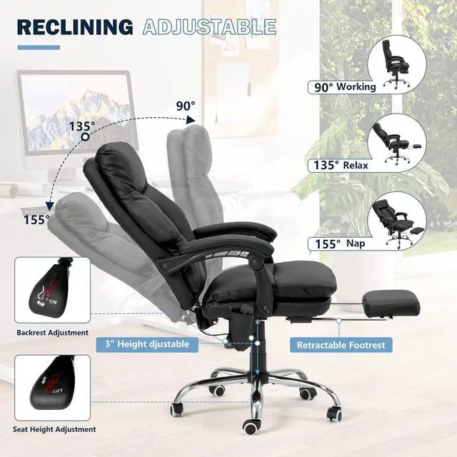 Alt view image 7 of 7 - Ergonomic Office Chair with 6-Point Massage & Heating, Adjustable Executive Desk Chairs with Retractable Footrest, PU Leather Home Office Desk Chair for Home & Office (Black)