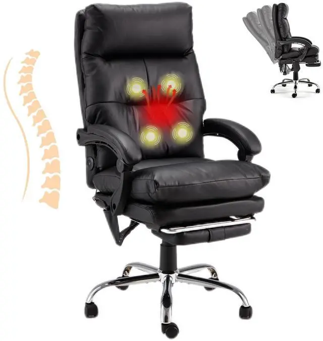 Main image of Ergonomic Heated Reclining Office Chair, Black | USB Charging, 4-Point Vibration Massage, Adjustable Armrests & Footrest, Premium Leather