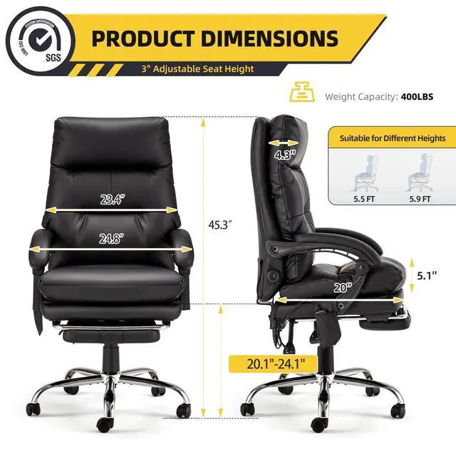 Alt view image 3 of 7 - Ergonomic Heated Reclining Office Chair, Black | USB Charging, 4-Point Vibration Massage, Adjustable Armrests & Footrest, Premium Leather