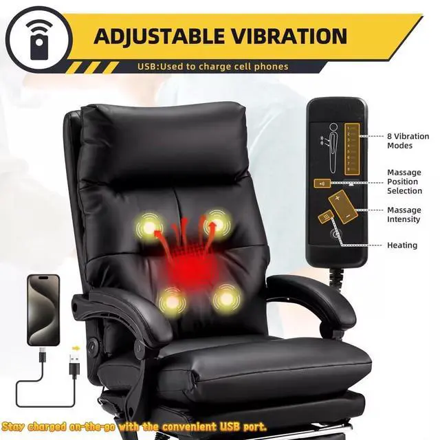 Alt view image 4 of 7 - Ergonomic Heated Reclining Office Chair, Black | USB Charging, 4-Point Vibration Massage, Adjustable Armrests & Footrest, Premium Leather