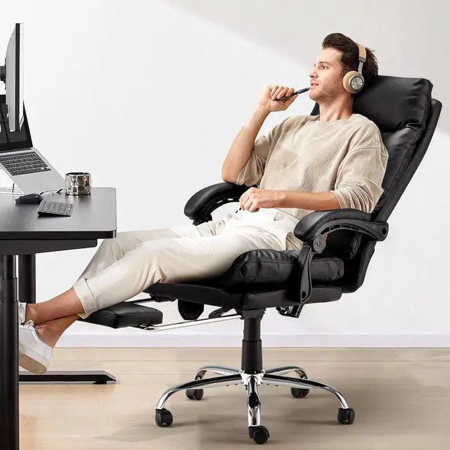 Alt view image 2 of 7 - Ergonomic Heated Reclining Office Chair, Black | USB Charging, 4-Point Vibration Massage, Adjustable Armrests & Footrest, Premium Leather