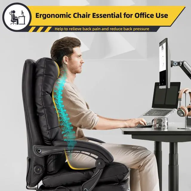 Alt view image 6 of 7 - Ergonomic Heated Reclining Office Chair, Black | USB Charging, 4-Point Vibration Massage, Adjustable Armrests & Footrest, Premium Leather
