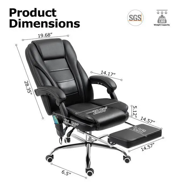 Alt view image 3 of 6 - Massage Office Chair with Foot Rest Vibration and Heating, 90-130° Reclining Desk Chair, Ergonomic Reclining Computer Gaming Leather Chair(Black)