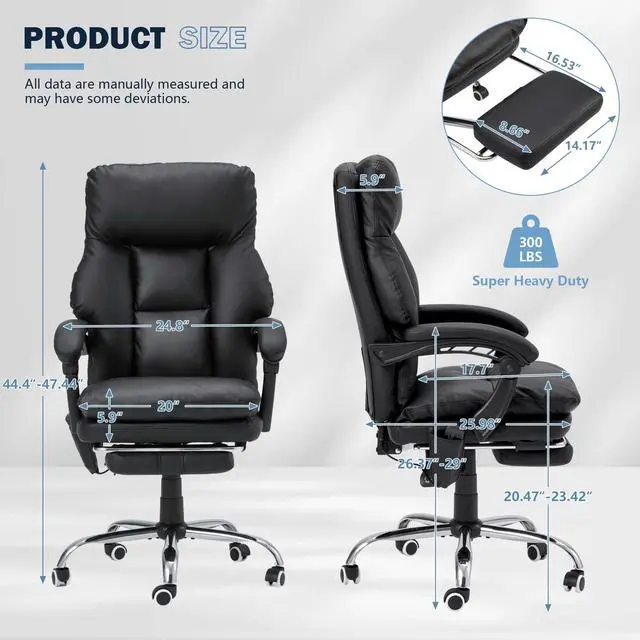 Alt view image 6 of 7 - Ergonomic Office Chair with 6-Point Massage & Heating, Adjustable Executive Desk Chairs with Retractable Footrest, PU Leather Home Office Desk Chair for Home & Office (Black)