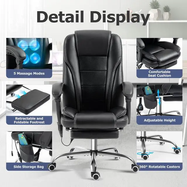 Alt view image 4 of 6 - Massage Office Chair with Foot Rest Vibration and Heating, 90-130° Reclining Desk Chair, Ergonomic Reclining Computer Gaming Leather Chair(Black)