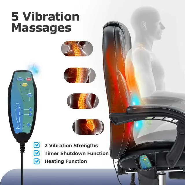 Alt view image 5 of 6 - Massage Office Chair with Foot Rest Vibration and Heating, 90-130° Reclining Desk Chair, Ergonomic Reclining Computer Gaming Leather Chair(Black)