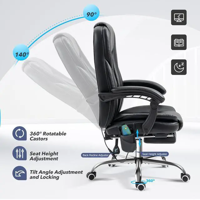 Alt view image 6 of 6 - Massage Office Chair with Foot Rest Vibration and Heating, 90-130° Reclining Desk Chair, Ergonomic Reclining Computer Gaming Leather Chair(Black)