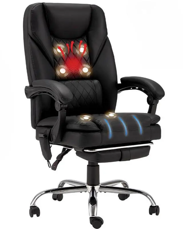 Main image of 6-Point Massage Office Chair with Heat, 500lbs Big and Tall Executive Chair, Ergonomic Reclining Desk Chair with Footrest & Lumbar Support, Adjustable Armrest, PU Leather (Black)