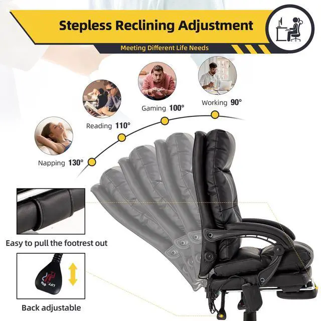 Alt view image 7 of 7 - Ergonomic Heated Reclining Office Chair, Black | USB Charging, 4-Point Vibration Massage, Adjustable Armrests & Footrest, Premium Leather