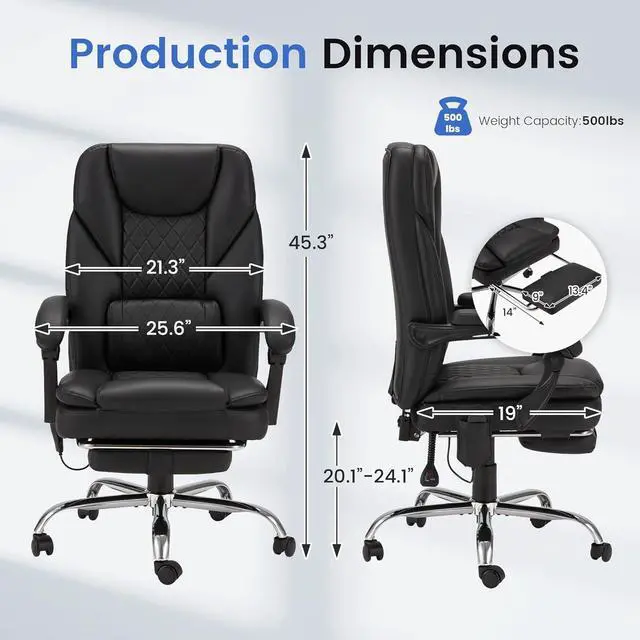 Alt view image 3 of 7 - 6-Point Massage Office Chair with Heat, 500lbs Big and Tall Executive Chair, Ergonomic Reclining Desk Chair with Footrest & Lumbar Support, Adjustable Armrest, PU Leather (Black)