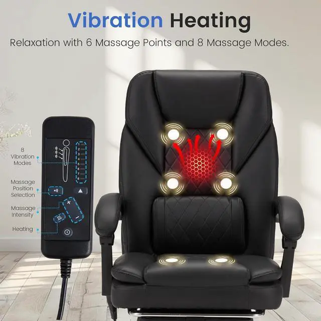Alt view image 4 of 7 - 6-Point Massage Office Chair with Heat, 500lbs Big and Tall Executive Chair, Ergonomic Reclining Desk Chair with Footrest & Lumbar Support, Adjustable Armrest, PU Leather (Black)