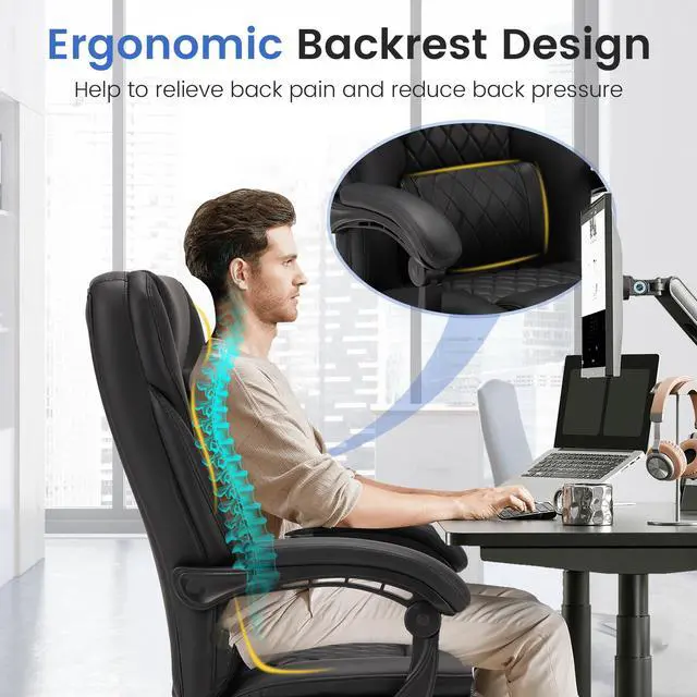 Alt view image 5 of 7 - 6-Point Massage Office Chair with Heat, 500lbs Big and Tall Executive Chair, Ergonomic Reclining Desk Chair with Footrest & Lumbar Support, Adjustable Armrest, PU Leather (Black)