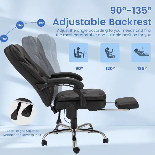 Alt view image 6 of 7 - 6-Point Massage Office Chair with Heat, 500lbs Big and Tall Executive Chair, Ergonomic Reclining Desk Chair with Footrest & Lumbar Support, Adjustable Armrest, PU Leather (Black)