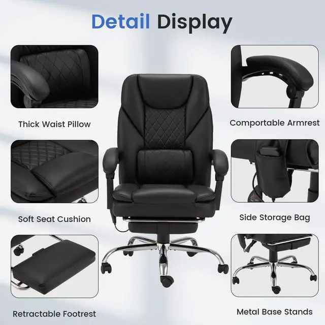 Alt view image 7 of 7 - 6-Point Massage Office Chair with Heat, 500lbs Big and Tall Executive Chair, Ergonomic Reclining Desk Chair with Footrest & Lumbar Support, Adjustable Armrest, PU Leather (Black)