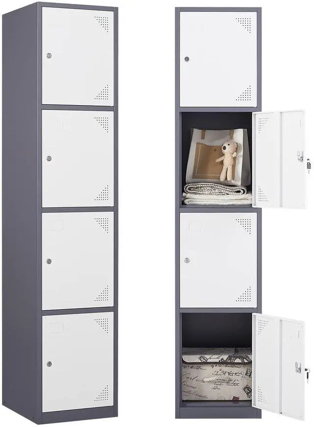 Main image of Metal Locker Cabinet with 4 Doors, 71" Storage for Employees, 4 Tier Steel Locker with Lock and Keys for School, Gym, Home, Office Staff (Grey White)