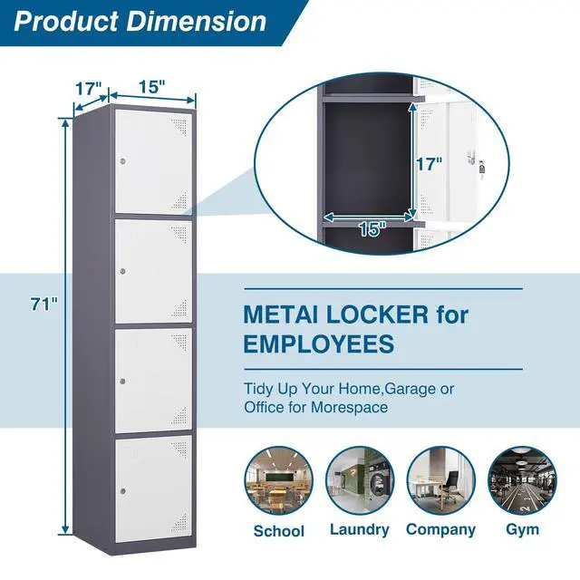 Alt view image 3 of 7 - Metal Locker Cabinet with 4 Doors, 71" Storage for Employees, 4 Tier Steel Locker with Lock and Keys for School, Gym, Home, Office Staff (Grey White)