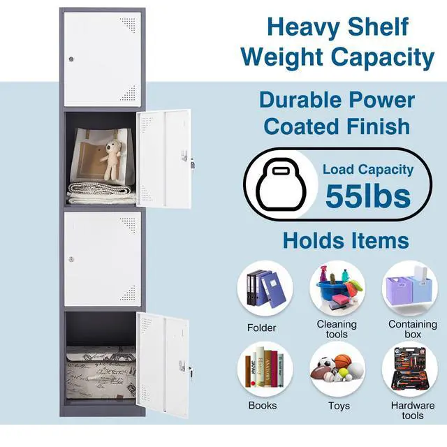 Alt view image 6 of 7 - Metal Locker Cabinet with 4 Doors, 71" Storage for Employees, 4 Tier Steel Locker with Lock and Keys for School, Gym, Home, Office Staff (Grey White)
